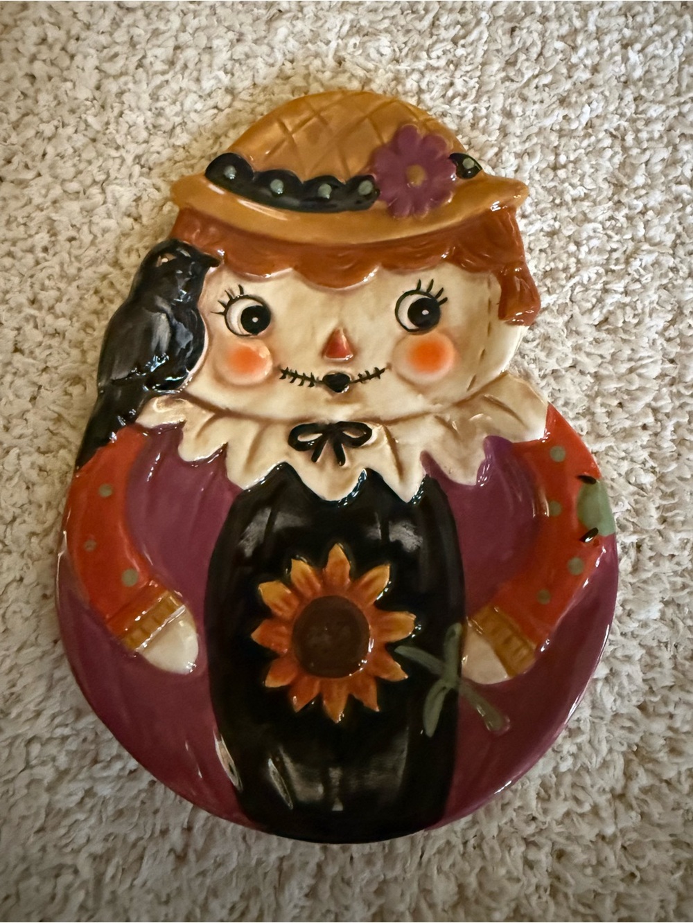 Johanna Parker Ceramic Scarecrow Plate/Spoon rest Orange, Purple and Black NWT